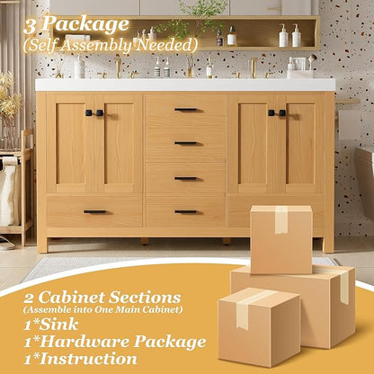 60 Inch Bathroom Vanity with Double SMC Resin Sink, 60 Double Sink Bathroom Vanity, Bathroom Vanity 60" Double Sink with Soft-Close Doors and Drawers, 4 Doors, 5 Drawers, Adjustable Shelves (Wood)