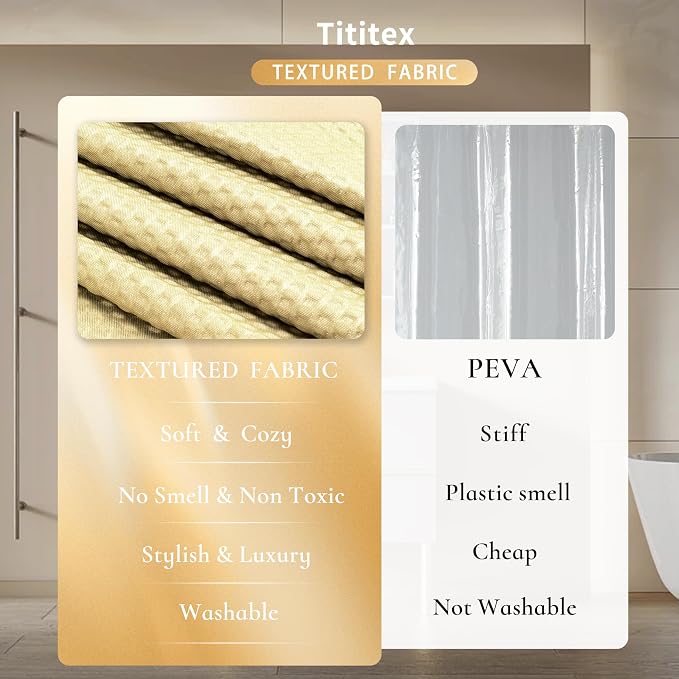 Tititex Solid Beige Cloth Fabric Shower Curtain Liner with 2 Magnets - Texture Soft Hotel Quality Waterproof Shower Liner, Light-Weight & Machine Washable 36x72 inch