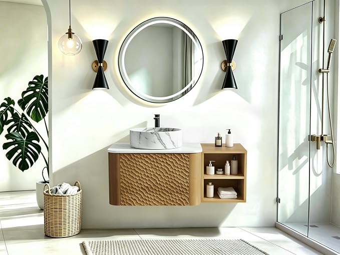 36 Inch Modern Bathroom Vanity with Ceramic Sink, Floating Bathroom Sink Cabinet with Sintered Stone Top&Solid Wood Hammered Frame, Single Bathroom Vanities w/Soft-Close Drawer&Side Open Cube