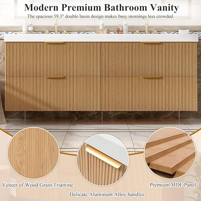 60" Bathroom Vanity with Sink Combo, Floating Double Sink Bathroom Vanity with SMC Resin Top, MDF Cabinet with 4 Drawer, Wall-Mounted Bath Room Vanities for Large Bathrooms (60''-Wood-4)