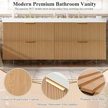 60" Bathroom Vanity with Sink Combo, Floating Double Sink Bathroom Vanity with SMC Resin Top, MDF Cabinet with 4 Drawer, Wall-Mounted Bath Room Vanities for Large Bathrooms (60''-Wood-4)