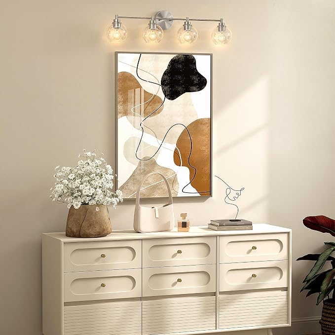 VONLUCE 4 Light Bathroom Vanity Light Fixtures, Brushed Nickel Finish | Globe Glass Shades, E26 Sockets, Easy to install, ETL Certificated, Vanity Lights for Bedroom Hallway Living Room