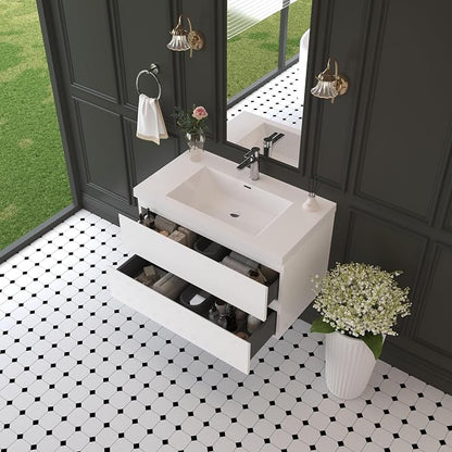 Modern 36" Floating Bathroom Vanity with Sink | Advanced Wall-Mounted Cabinet, Resin Top Basin, Soft Close Drawers | Easy to Install Glossy White
