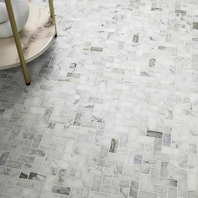MSI Calacatta Cressa Herringbone Honed Marble Tile for Kitchen Backsplash, Wall Tile for Bathroom, Accent Wall Tile, and Shower Wall Tile, Mesh-Mounted Mosaic Tile, 11.61 x 11.61, White, 10 Piece