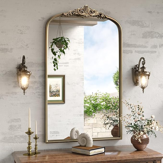 Arched Antique Gold Wall Mirror, 24"x40" Vintage Gold Bathroom Wall Mirror Over Sink, Ornate Arch Bronze Mirrors for Living Room, Fireplace, Entryway, Vanity, Hanging or Leaning