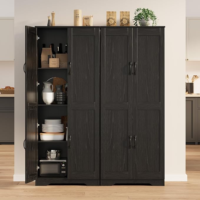 Garvee Tall Pantry Cabinet, 60" Kitchen Storage Cabinet with 2 Doors & Adjustable Shelves, Freestanding Wooden Cupboard for Bathroom，Dining Room, Living Room, Black | Kitchen Storage Cabinet with 2 Doors & Adjustable Shelves, Wooden Cupboard for Bathro...
