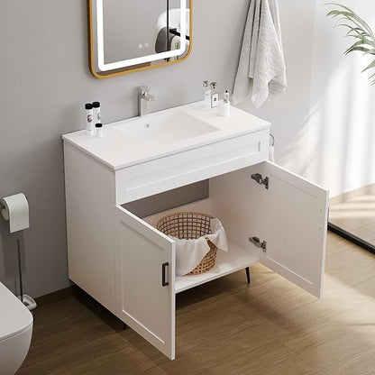 36 Inch Bathroom Vanity with Sink, Modern Wooden Freestanding Bathroom Storage Cabinet with 2 Doors and 1 Drawer, Metal Legs, Painted Surface, White