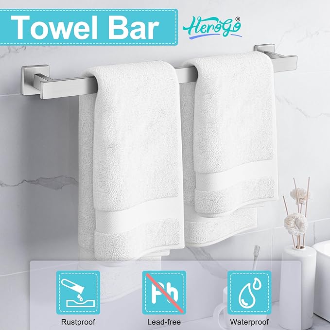 Herogo Bathroom Accessories Set, 23.5 Inch 5 Pieces Brushed Nickel Bathroom Hardware Set, Bath Towel Racks Bars with Toilet Paper Holder, Hand Towel Holder Ring & Hooks, Wall Mount
