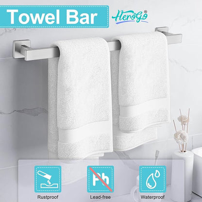 Herogo Bathroom Accessories Set, 23.5 Inch 5 Pieces Brushed Nickel Bathroom Hardware Set, Bath Towel Racks Bars with Toilet Paper Holder, Hand Towel Holder Ring & Hooks, Wall Mount