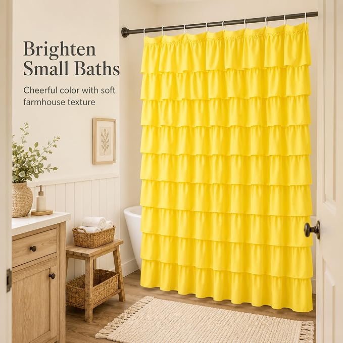 Yellow Shower Curtains for Bathroom, 36x72 Inch, Cascading Tiered Ruffles | Soft Ruffled Edge Detailing, 36 x 72, Delicate Ruched Microfiber Texture, 12 Hooks Included, Machine Washable, Bathroom Focal