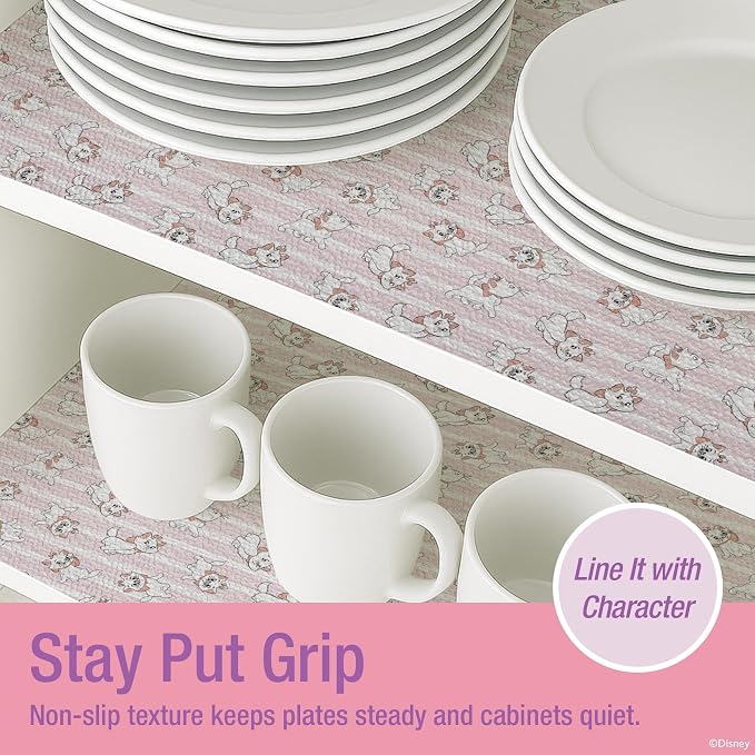 Disney Aristocats Non-Adhesive Shelf Liner, 18" x10', Non-Slip | Water and stain resistant, repositions without damage, cuts to fit, wipes clean, ideal for kitchen, pantry, fridge, or bath