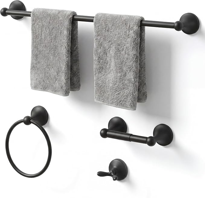 24-Inch Wall Mounted Towel Racks for Bathroom – Space Saver 4-Piece Durable Stainless Steel Bathroom Hardware Set with Towel Bar, Towel Ring, Toilet Paper Holder & Hook, Matte Black