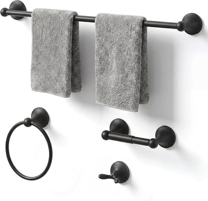 24-Inch Wall Mounted Towel Racks for Bathroom – Space Saver 4-Piece Durable Stainless Steel Bathroom Hardware Set with Towel Bar, Towel Ring, Toilet Paper Holder & Hook, Matte Black
