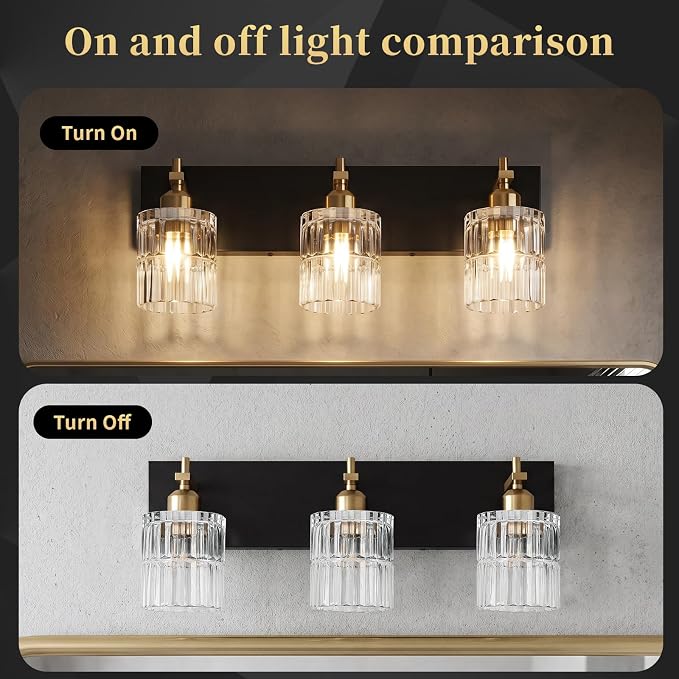 OCIOC Bathroom Vanity Light, 3-Light Black and Gold Vanity Lights over mirror, E26 Wall sconces with glass shape, Farmhouse Lighting fixture for bedroom, living room, hallway