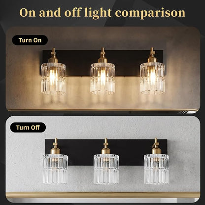 OCIOC Bathroom Vanity Light, 3-Light Black and Gold Vanity Lights over mirror, E26 Wall sconces with glass shape, Farmhouse Lighting fixture for bedroom, living room, hallway