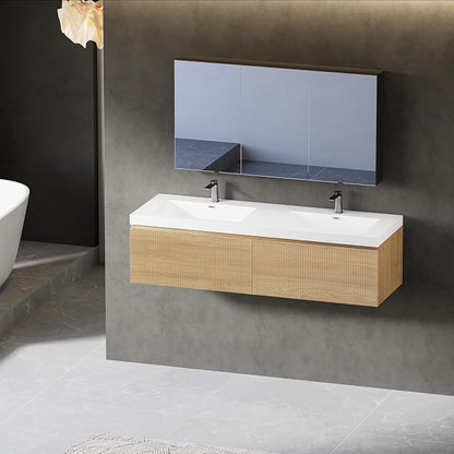 60" Floating Bathroom Vanity with Double Sink, Wall-Mounted Modern Oak Storage Cabinet, Wave-Textured Soft-Close Drawer & Glossy White Solid Surface Basin, Natural Oak