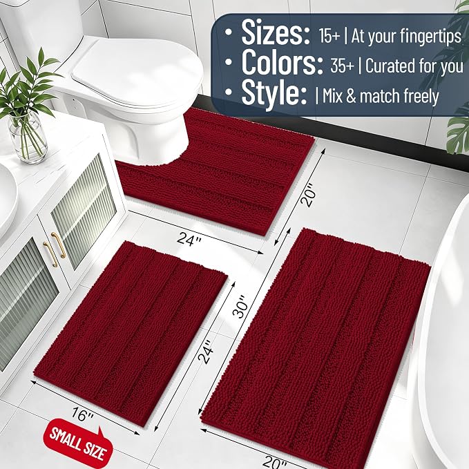 Smiry Thick Chenille Bathroom Runner Rugs 44x24, Absorbent Bath Mat, Red | Quick‑Dry & Machine Washable, Non‑Slip Bath Carpet, Soft Striped Bath Rugs for Tub & Shower, Modern Home Decor Accessories