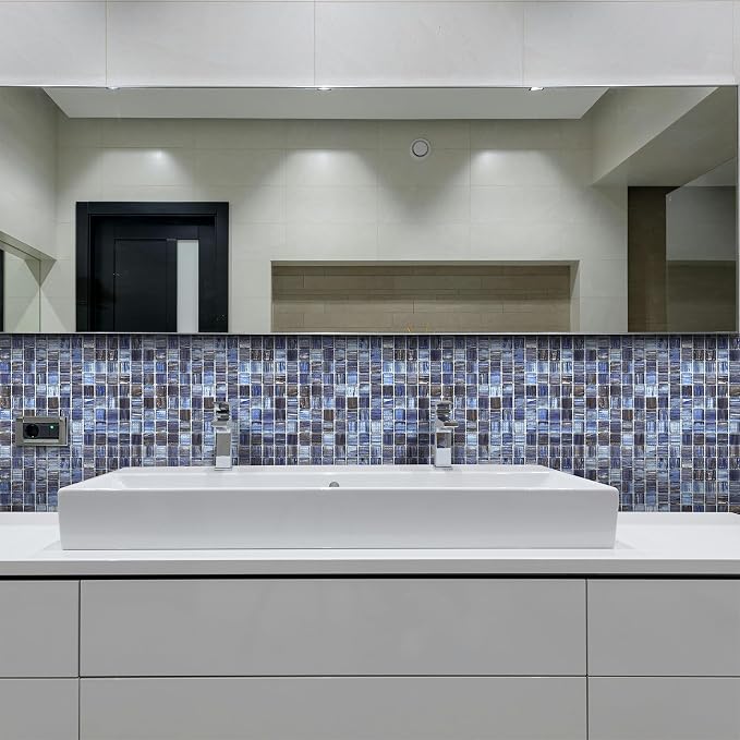 Glass Mosaic Tile Backsplash, 12” x 12” Mesh-Mounted Dark Blue Glass Wall Tile for Kitchen Bathroom Swimming Pool (8 Sheets, 8 sq.ft)