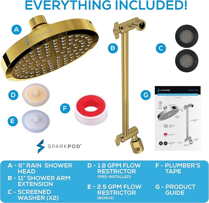 SparkPod 6" Round Rain Shower Head with 11" Shower Arm | Shower Head & Extension Arm Combo, Height Adjustable, High Pressure Performance, Easy 1-Minute Installation, Egyptian Gold