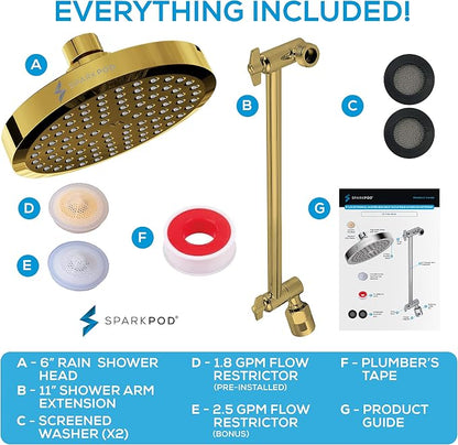 SparkPod 6" Round Rain Shower Head with 11" Shower Arm | Shower Head & Extension Arm Combo, Height Adjustable, High Pressure Performance, Easy 1-Minute Installation, Egyptian Gold