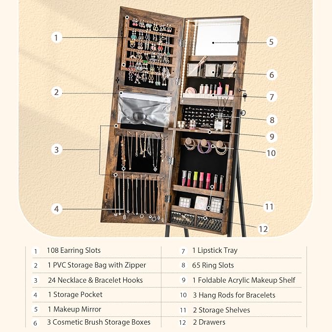 CHARMAID Standing Jewelry Armoire with Full Length Mirror, Lockable Jewelry Cabinet Organizer with Lights, 3 Lighting Modes, Foldable Makeup Tray, Storage Drawers & Shelves (Rustic Brown)