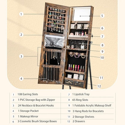 CHARMAID Standing Jewelry Armoire with Full Length Mirror, Lockable Jewelry Cabinet Organizer with Lights, 3 Lighting Modes, Foldable Makeup Tray, Storage Drawers & Shelves (Rustic Brown)