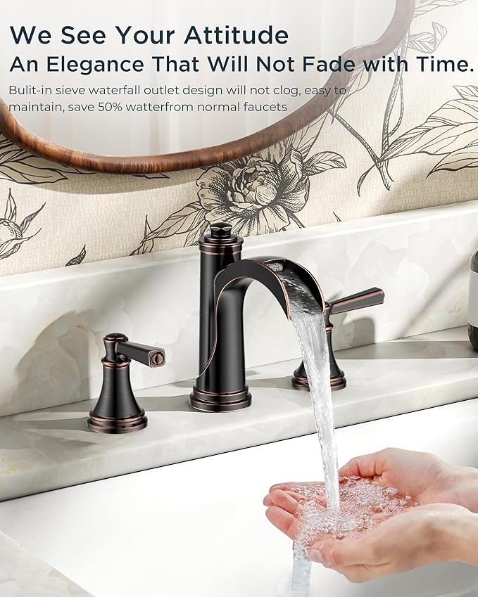 FORIOUS Oil Rubbed Bronze Bathroom Faucet 3 Hole or 8 Inch Widespread Tap, 2 Handle Brass Waterfall Faucet for Bathroom Sink 3 Hole with Mteal Pop-up Drain and CUPC Supply Line, for 6-12” ORB Vanity