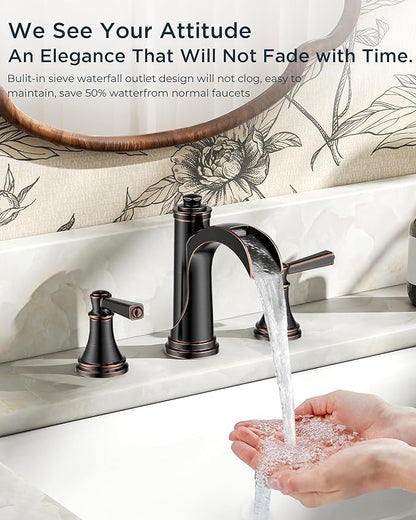 FORIOUS Oil Rubbed Bronze Bathroom Faucet 3 Hole or 8 Inch Widespread Tap, 2 Handle Brass Waterfall Faucet for Bathroom Sink 3 Hole with Mteal Pop-up Drain and CUPC Supply Line, for 6-12” ORB Vanity