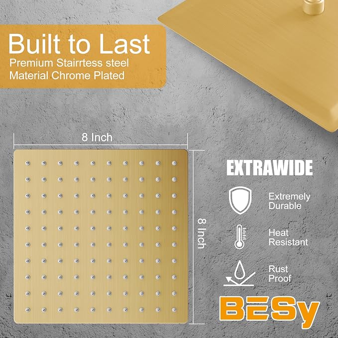 8 In Rain Shower Head High Pressure Rainfall Shower Head Brushed Gold | Square Rain Bathroom Showerhead, High Flow, Large Stainless Steel, Ceiling Mounted, Wall Mounted, Waterfall Full Body