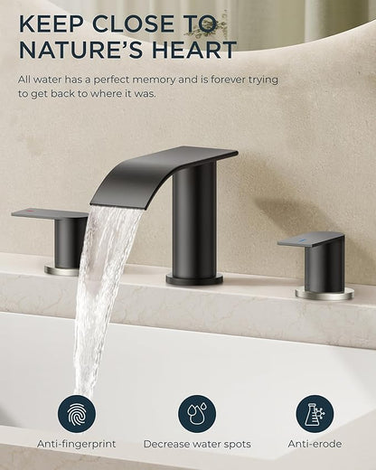 FORIOUS Bathroom Faucets, Waterfall Bathroom Sink Faucet with Metal Pop up Drain and cUPC Hose for Basin, Vanity, RV, Pedestal 2 or 3 Hole Sink, 8 Inch, Black and Brushed Nickel
