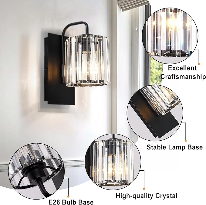 Wall Sconce,Crystal Wall Sconce,Black Wall Light Fixtures Indoor | 10 Inch Modern Wall Lighting Black Sconce for Living Room Hallway Bedroom Bathroom, 2 Crystal Strip Rplacement, E26