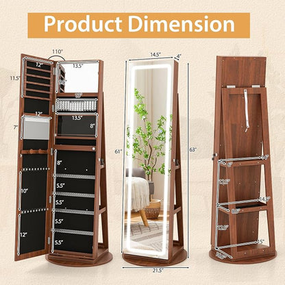 GOFLAME 360° Swivel Jewelry Cabinet Armoire with Full Length Mirror, Standing Jewelry Storage Organizer with Rear Storage Shelves, 3-Color LED Lights, Foldable Shelf, Interior Mirror, Walnut
