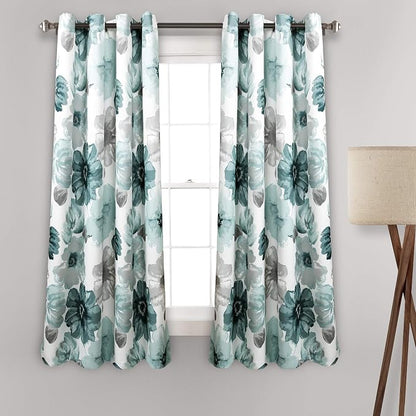 Lush Decor Leah Light Filtering Window Curtain Panels, Pair, 52" W x 45" L, Blue - Floral Drapes for Bedroom - Blue Curtains - Farmhouse Decor