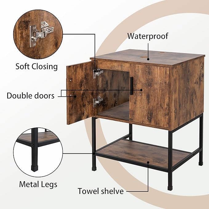 UEV 42" Rustic Brwon Bathroom Vanity with Sink Combo,Industrial Iron Frame Bathroom Cabinet Sets with 3 Drawers Side Cabinet(Without Sink Combo)