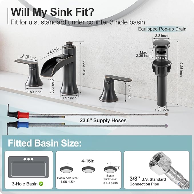 Waterfall Bathroom Faucets 3 Hole, 8 Inch Brass Oil Rubbed Bronze Bathroom Faucet, 2 Handles Bathroom Sink Faucet, Widespread Faucet for Bathroom Sink with Pop-up Drain & Hose