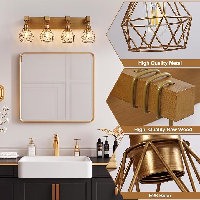 maesta 4 Light Bathroom Vanity Light, Farmhouse Gold Fixture Over Mirror | Farmhouse Bathroom Light Fixtures, Wood & Metal, Anti-Rust, Easy to Install for Rustic Bathroom Hallway