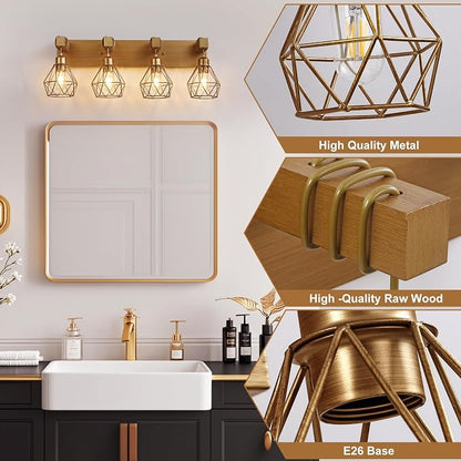 maesta 4 Light Bathroom Vanity Light, Farmhouse Gold Fixture Over Mirror | Farmhouse Bathroom Light Fixtures, Wood & Metal, Anti-Rust, Easy to Install for Rustic Bathroom Hallway