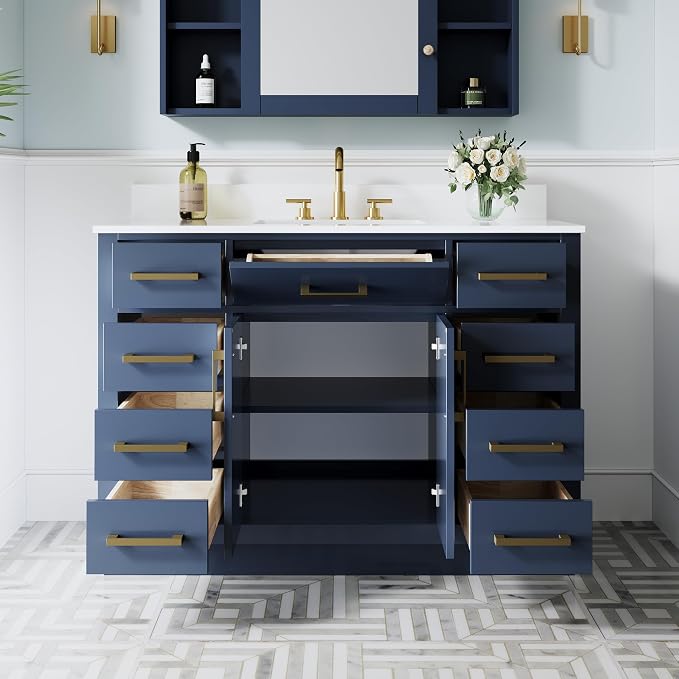 48-Inch Bathroom Vanity with Sink W/ 2 Doors & 8 Drawers & 1 Flip Drawer, Navy Blue Vanity W/Brushed Gold Handles
