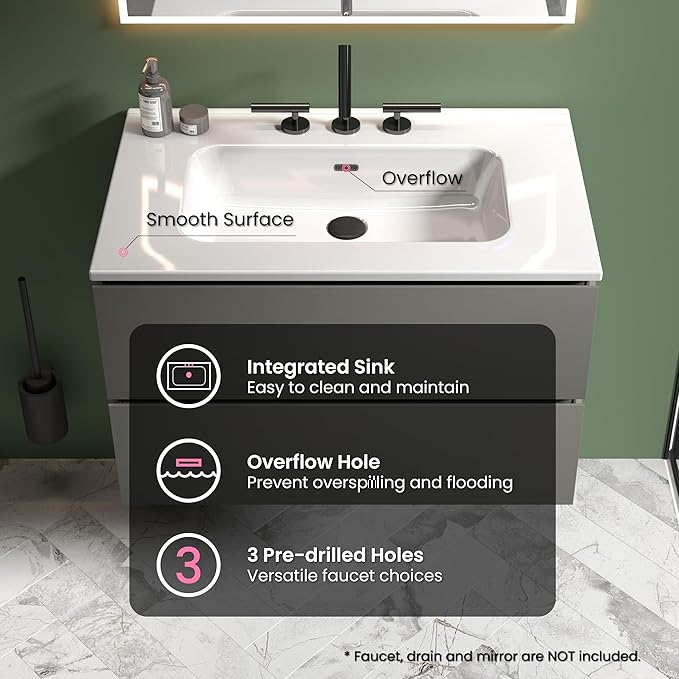 30" Bathroom Vanity with Sink, Modern Floating Vanity with Double Soft Closing Drawers, Large Storage for Small Space, Space Gray, Fully Assembled - Iris Collection