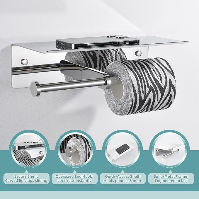 Polished Chrome Double Toilet Paper Holder with Shelf, Wall Mounted | 304 Stainless Steel, Rustproof for Bathroom, Restroom, Powder Room, Kitchen, 2-in-1 Functional Paper Roll & Phone Storage