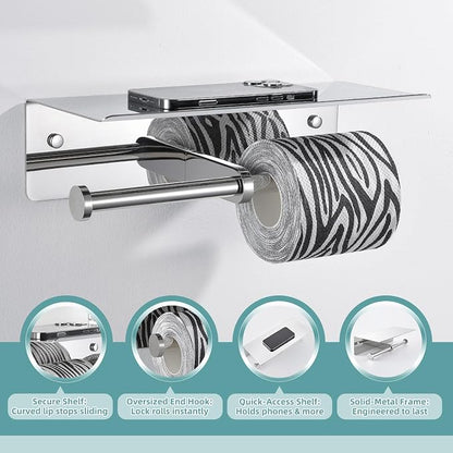 Polished Chrome Double Toilet Paper Holder with Shelf, Wall Mounted | 304 Stainless Steel, Rustproof for Bathroom, Restroom, Powder Room, Kitchen, 2-in-1 Functional Paper Roll & Phone Storage