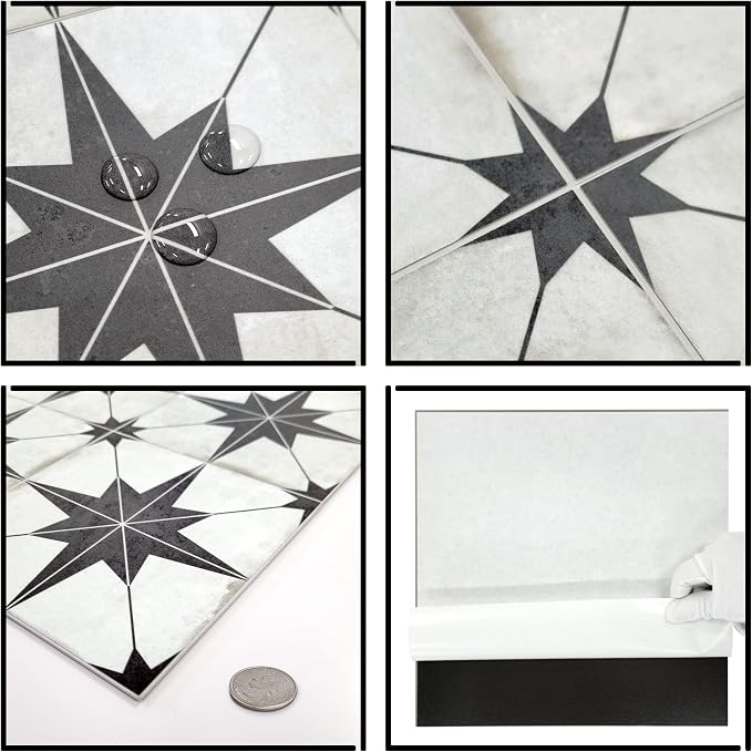 The Tiles Plaza Encaustic Peel and Stick Backsplash, Black Star Patterned Vintage Stick on Tiles, Stone Composite Self-Adhesive Wall Tile Sticker for Kitchen Bathroom Fireplace Stairs, 10 Sheets