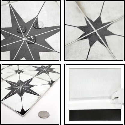 The Tiles Plaza Encaustic Peel and Stick Backsplash, Black Star Patterned Vintage Stick on Tiles, Stone Composite Self-Adhesive Wall Tile Sticker for Kitchen Bathroom Fireplace Stairs, 10 Sheets