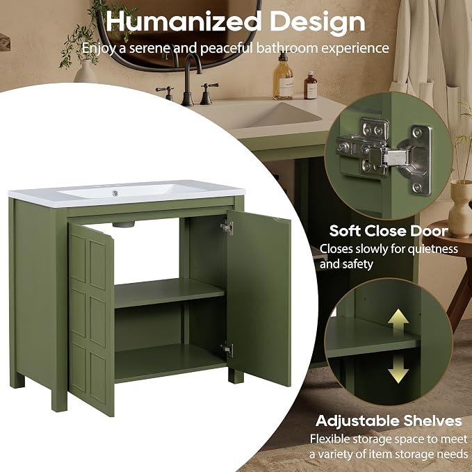 SOFTSEA 36" Bathroom Vanity with Sink Combo, Single Sink Bathroom Vanity with Soft-Close Doors, Solid Wood Frame Bathroom Cabinet, Ceramic Basin, Easy Assembly, Green