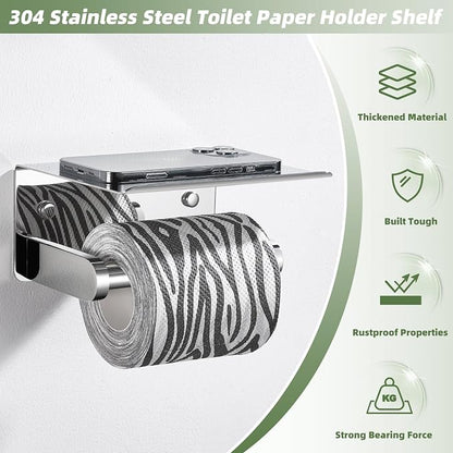 Polished Chrome Toilet Paper Holder with Phone Shelf, Wall Mounted | Sturdy 304 Stainless Steel, Fits Bathroom, Restroom, Powder Room, Heavy Duty Paper Roll & Tablet Storage Tissue Dispenser