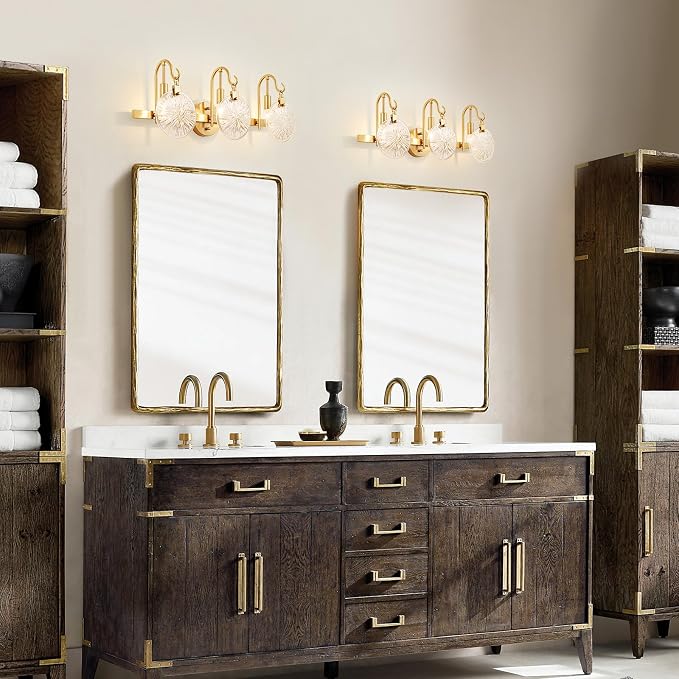 WUZUPS 3-Light Bathroom Light Fixture Over Mirror Morden Vanity Wall Sconces Clear Glass Shade for Bedroom Living Room, E12 Base, Brass Gold
