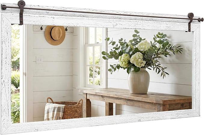 27"x49" Whitewashed Coastal Barn Door Wall Mirror with Wood Header | 100% solid wood, HD tempered glass, bronze-tone iron rail; large coastal farmhouse mirror for double vanity, mantel, entryway