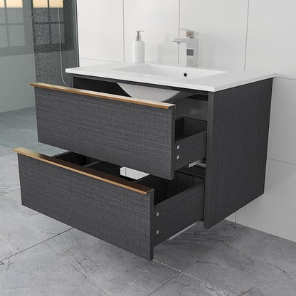 30 Inch Bathroom Vanity with Sink, Floating Vanity Bathroom, Modern Wall Mount Bathroom Cabinet, Double Drawers, Gold Handle, Suitable for All Kinds of bathrooms (Without Sink, 30")