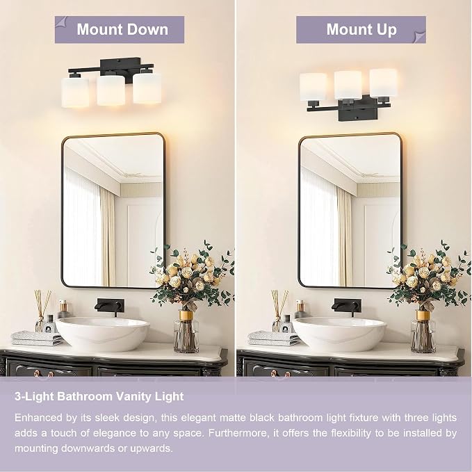 Honesorn Bathroom Light Fixtures Black, 3-Light Vanity Lights Over Mirror | Modern Bathroom Vanity Light, Frosted Shades, Bathroom Lights Over Mirror, E26 Socket (Bulbs Not Included)