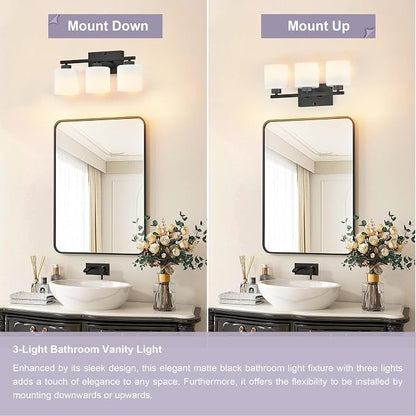 Honesorn Bathroom Light Fixtures Black, 3-Light Vanity Lights Over Mirror | Modern Bathroom Vanity Light, Frosted Shades, Bathroom Lights Over Mirror, E26 Socket (Bulbs Not Included)